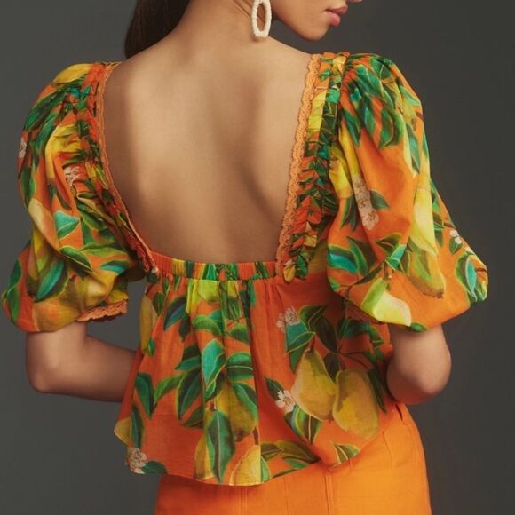 NWT Farm Rio Orange Chic Pears Short Sleeve Blouse Size Medium $148 - Picture 8 of 12
